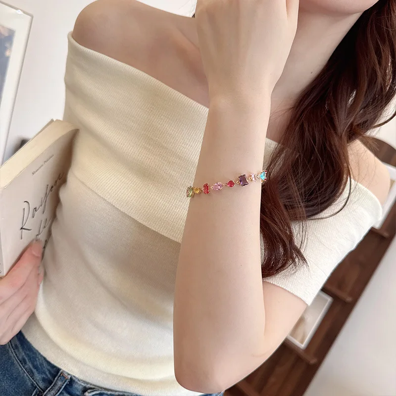 Luxury Colorful Cubic Zirconia Beaded Bracelet Candy Color Dopamine Hand Chain Women Party Jewelry Birthday Gift