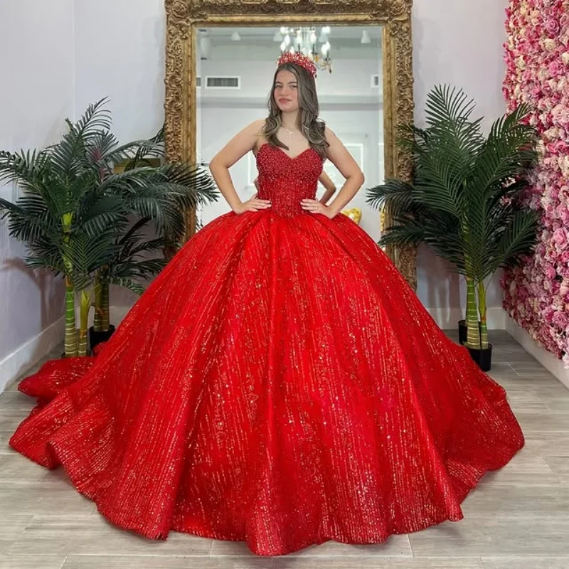 

Shiny Red Quinceanera Dress off-shoulder Lace crystal glitter decal Long tail vestidos de 15 Quinceanera ﻿Customize