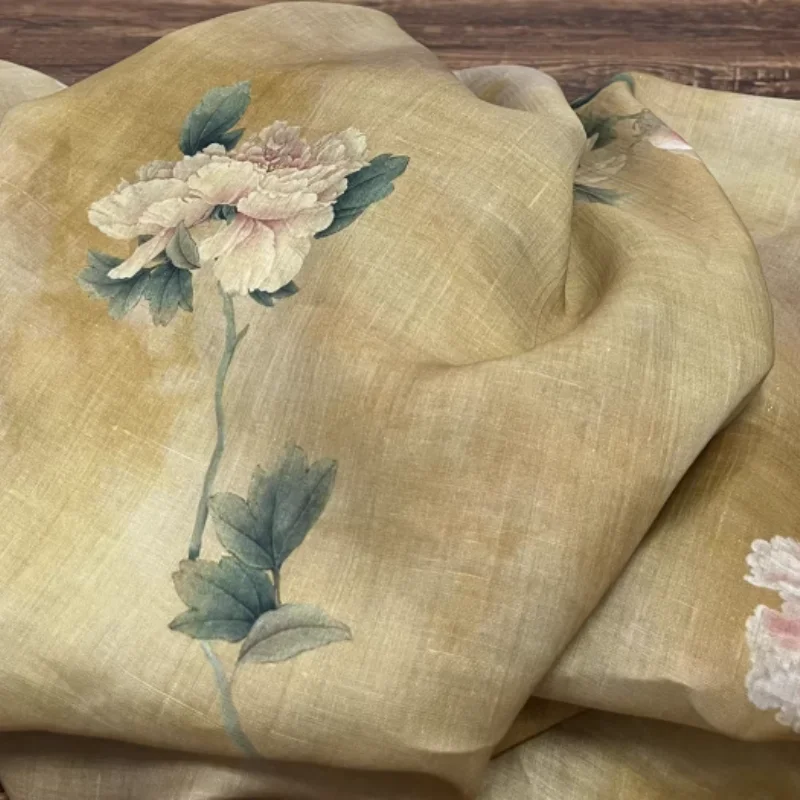 

Golden printed ramie cloth is used for handmade shirts, dresses, and other types of clothing.