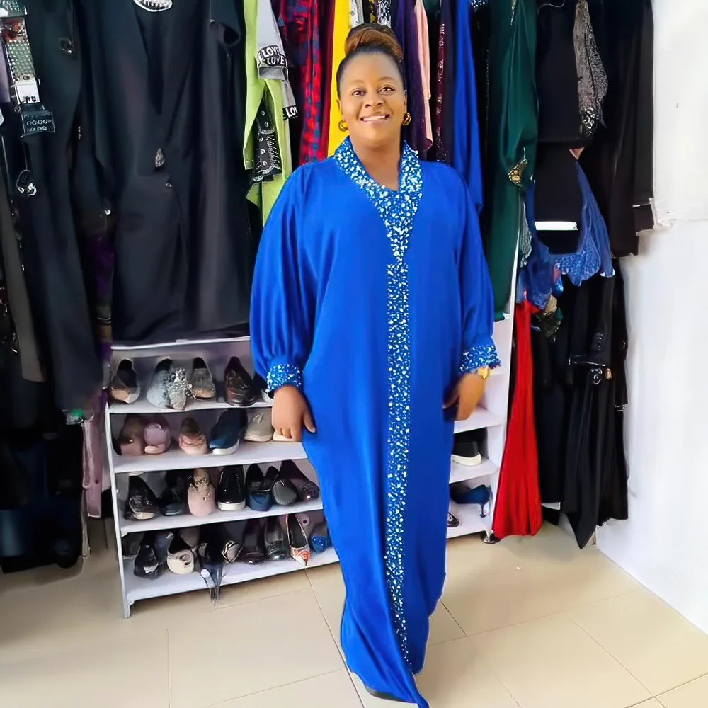 Afrikanische Mutter Abayas V-ausschnitt Fledermaus Ärmel Robe Eid Muslimischen Diamant Perlen Maxi Kleid Marokkanischen Plus Größe Einfarbig Party Kleid Neue
