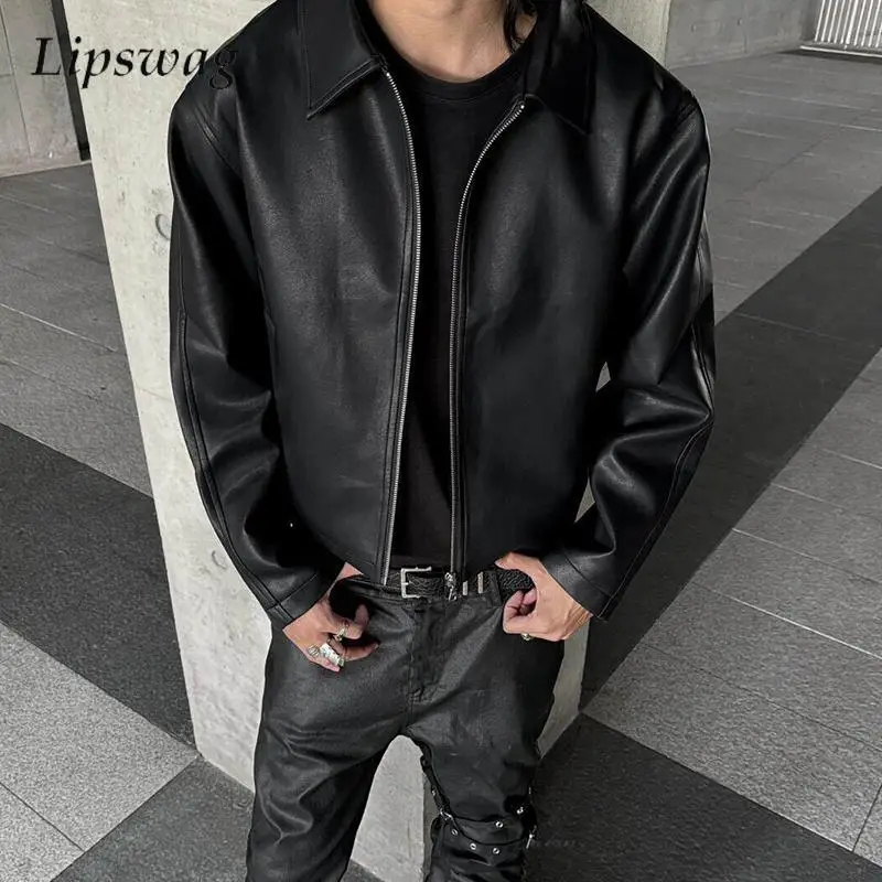 

Trendy Zip-up Turn-down Collar PU Leather Coat Men Clothing Classic Solid Color Leather Jackets For Men's Fall Vintage Outerwear