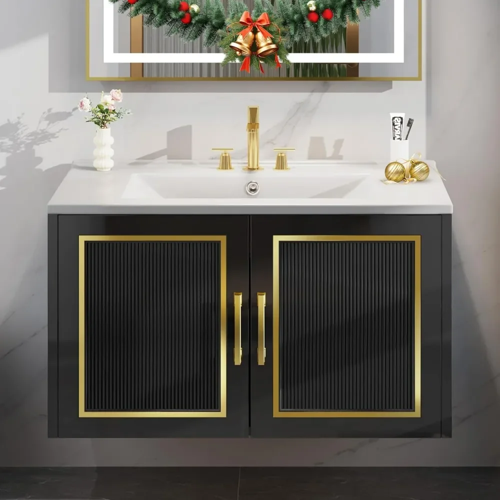 

30" Bathroom Vanity with Ceramic Sink, Floating Vanity with Cabinet,with Soft Closing Doors & Gold Metal Handle, Black