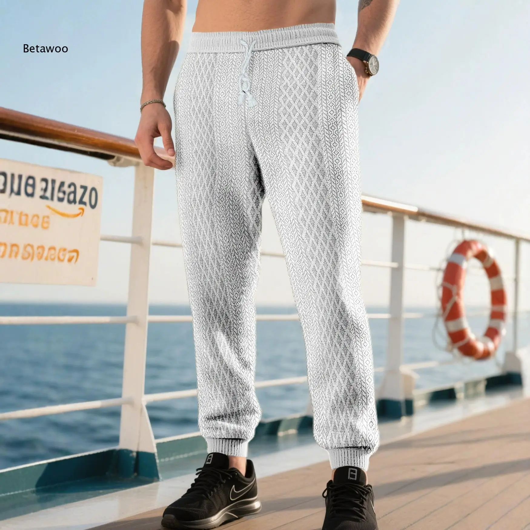 Textured Knit Cuffed Jogger Pants For Men Beige Color Adjustable Drawstring Waist Multi Pockets For Daily And Vacation Matching