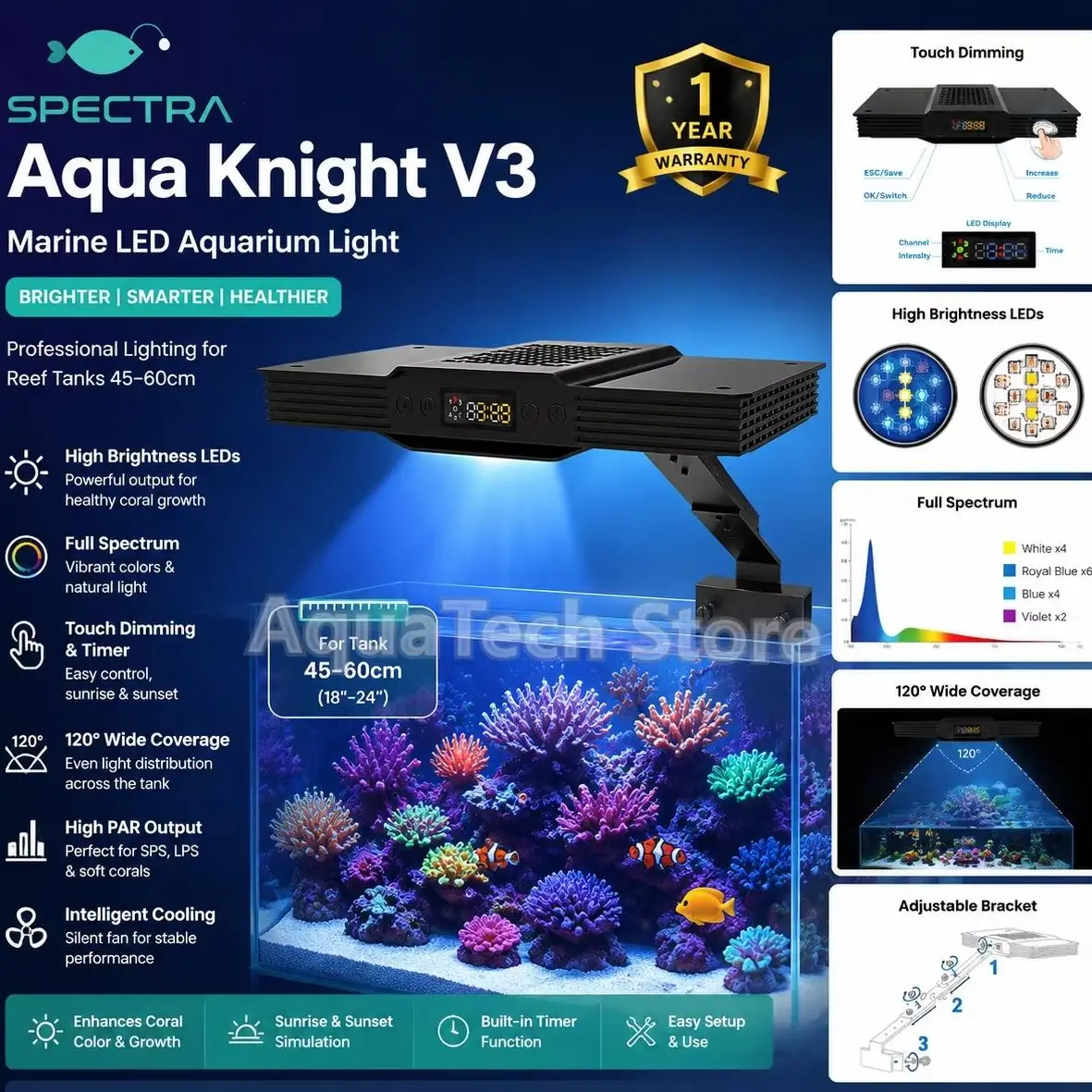 Spectra Aqua Knight V3 75W Programable Amanecer Atardecer Acuario marino Luz LED para pecera de arrecife de coral