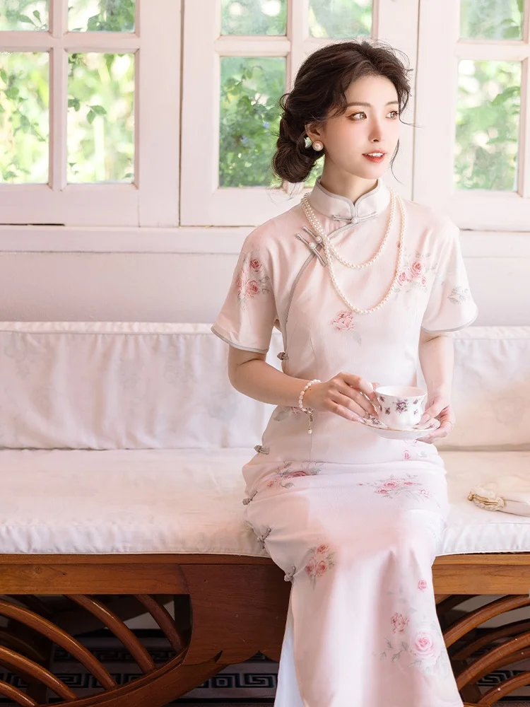 

Женское винтажное длинное ципао с принтом роз, в китайском стиле, на каждый день, из полиэстера