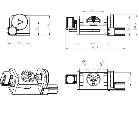 CNC 4th Axis 5 Axis A Rotary Aixs Center Height 98mm 100mm Chuck T Slot Table 100*125MM Gear Ratio 8: 1 Reduction Ratio 6: 1