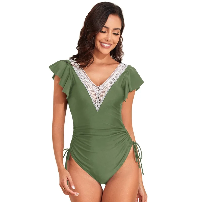 2024 new sexy high waist flying sleeve one-piece bikini solid color swimsuit gathered drawstring bikini summer beach swimsuit