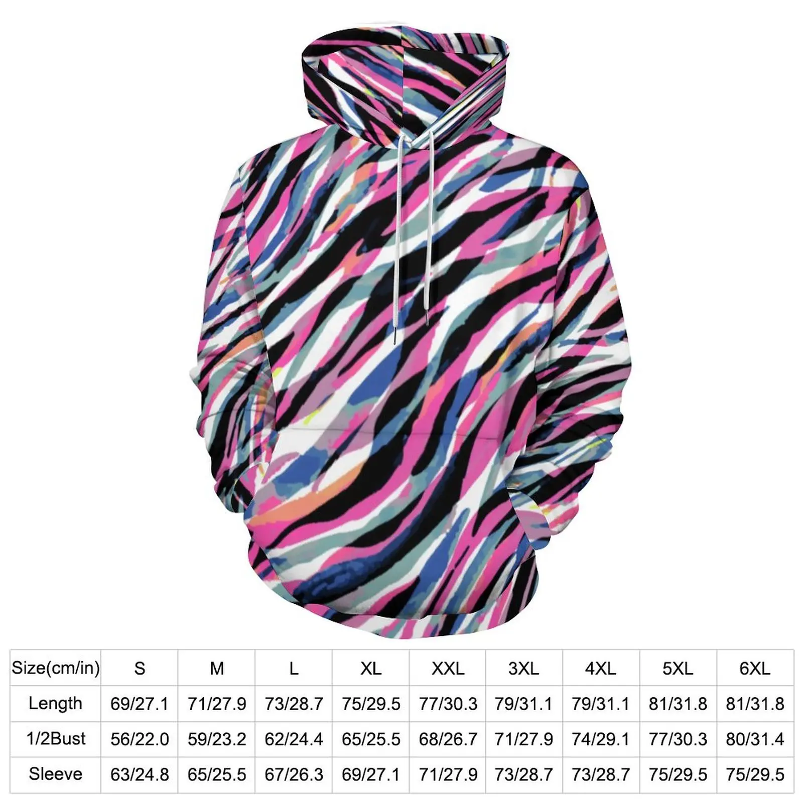 Colorful Zebra Print Casual Hoodies Abstract Stripes Loose Hoodie Men Long-Sleeve Retro Design Sweatshirts Large Size 5XL 6XL