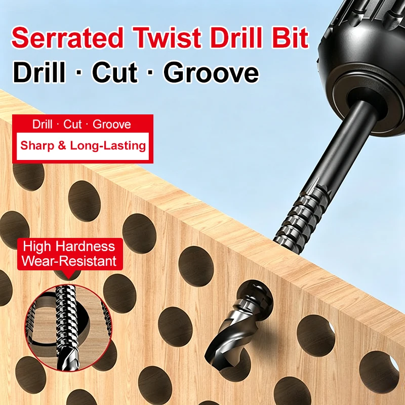 Woodworking Serrated Round Shank HSS Twist Drill Bits 3/4/5/6/6.5/8mm for Timber Plywood Furniture Cutting Drilling Applications