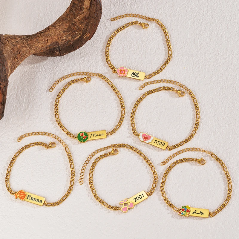 

Treebud Personalized Name ID Bracelet for Kids Stainless Steel Custom Laser Engrave Date Names Flower Heart Pendant Bangle Gifts