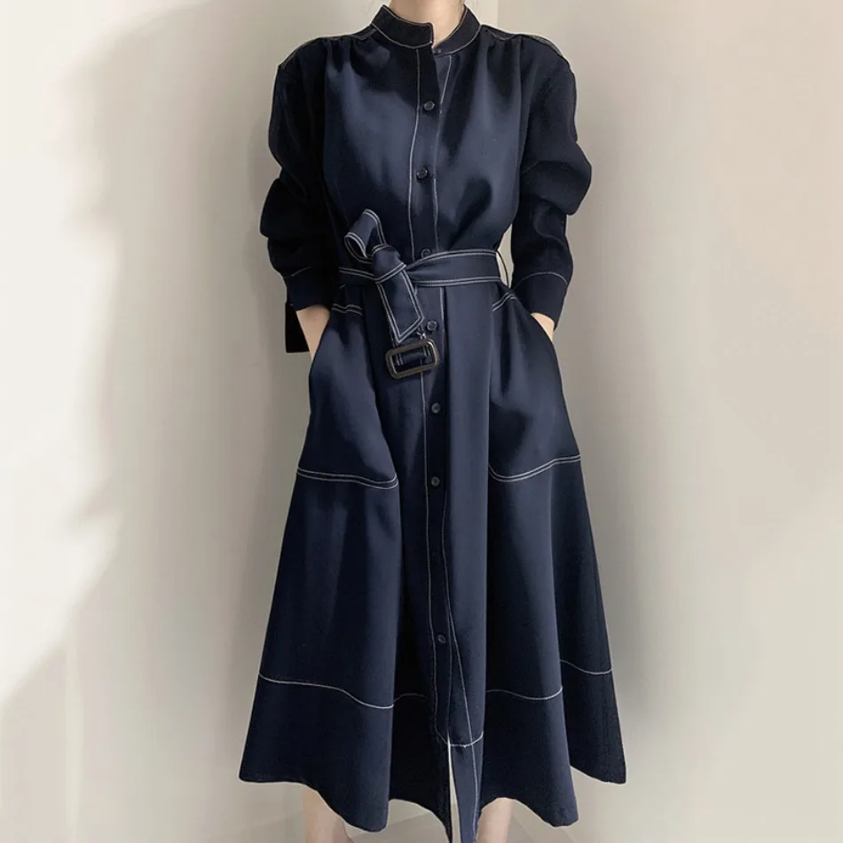 Neues Frühlings-Herbst-Einreihiges Damen-Hemdkleid mit Stehkragen, koreanischer Casual-Stil, gerade geschnitten, elegantes langes Kleid für Damen. – Detail 1