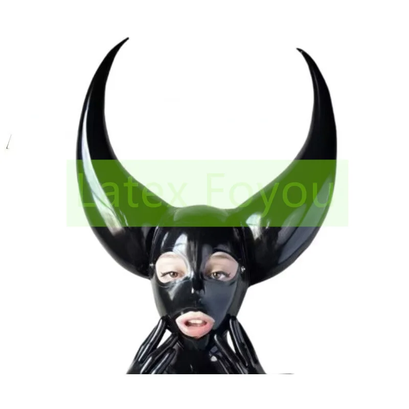 

Маска из латекса ручной работы унисекс, черная, не надувная, с рожками, для Хэллоуина, косплея, вечеринок, головной убор