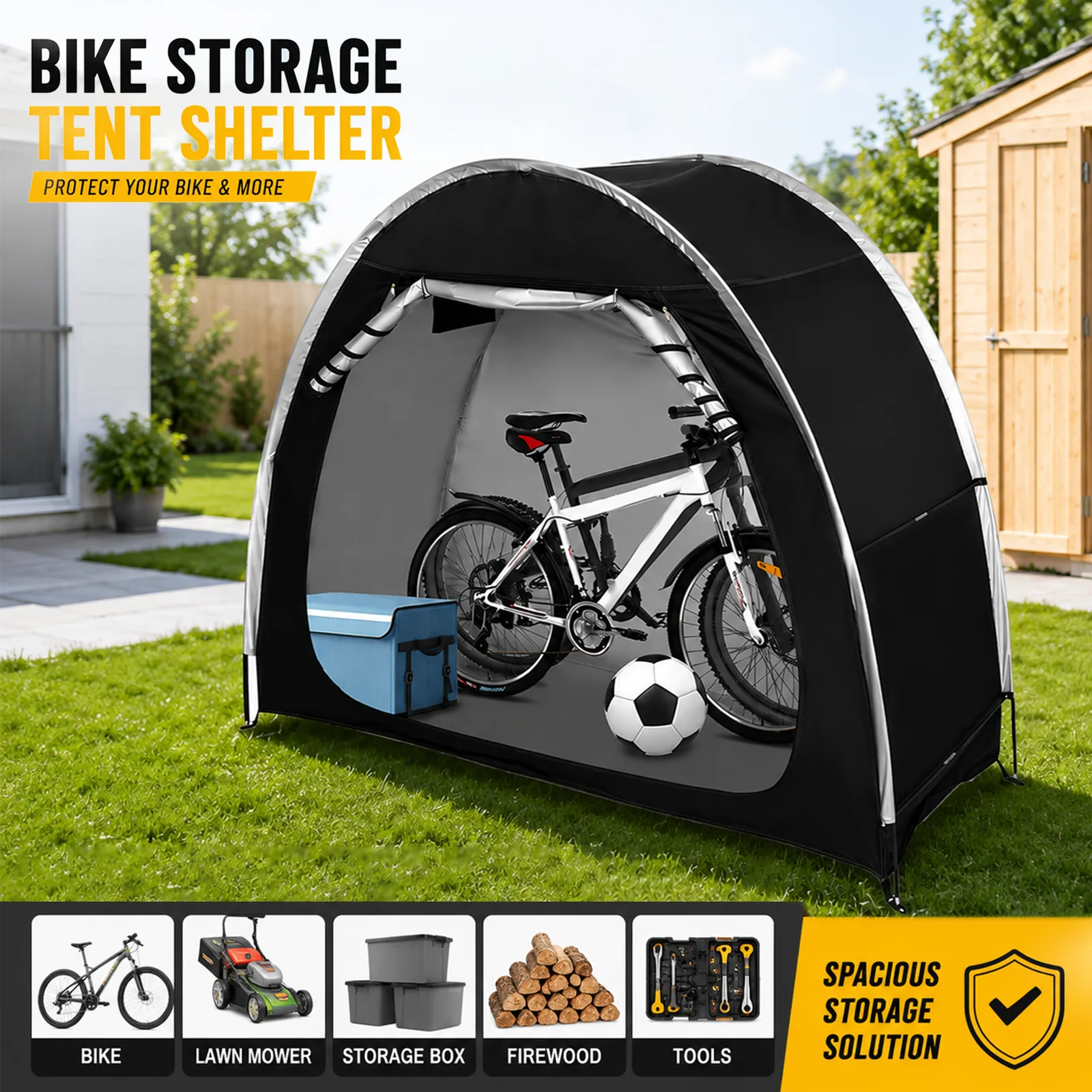 Image of 210D Wasserdichtes Fahrrad-Aufbewahrungszelt für 2 Fahrräder, Faltbarer Fahrradunterstand, Tragbarer Outdoor-Lagerschuppen für Fahrräder, Gartengeräte & Campingausrüstung