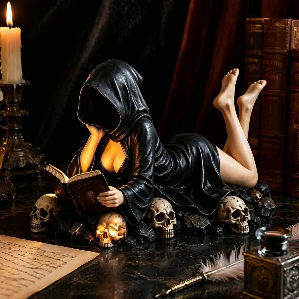 Dark Academia Room Accents Reader Statue Resin Figurine Hooded Skeleton Reaper Sitting Book Decor Dark Home Library Desk