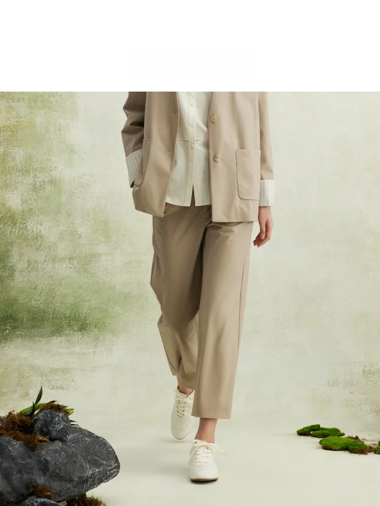 LIHAN 2026年春 レディース カジュアル ウール ストレートレッグパンツ カーキカラー スーツスタイル ミッドウエスト ジッパー開閉 ファッションデザイン