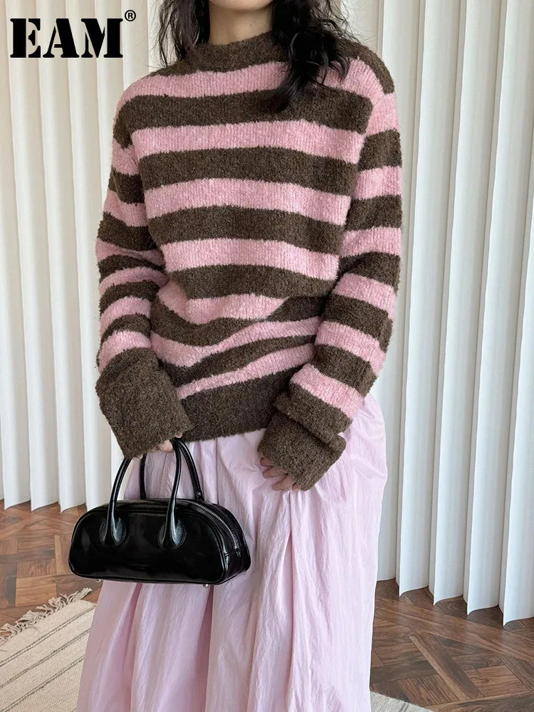 [EAM] Striped Big Size Casual Knitting Sweater Round Neck Long Sleeve Women Pullovers New Fashion Spring Autumn 2024 1DH7862