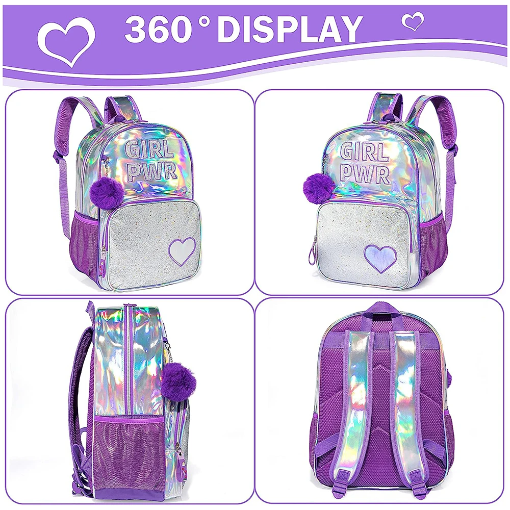 Mochila de lantejoula com lancheira para mulheres, material escolar definido, meninas sacos, 16 Polegada, novo