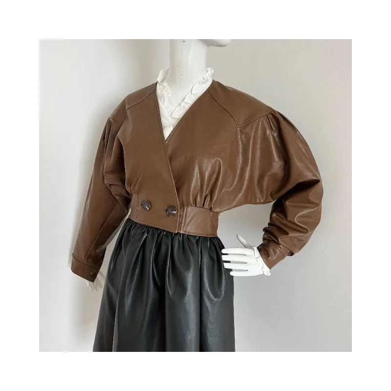 

Youth Outdoor Fashion Trend Short Leather Jacket Slim Fit High Waisted Sheepskin Motorcycle V-neck Small Leather Jacket