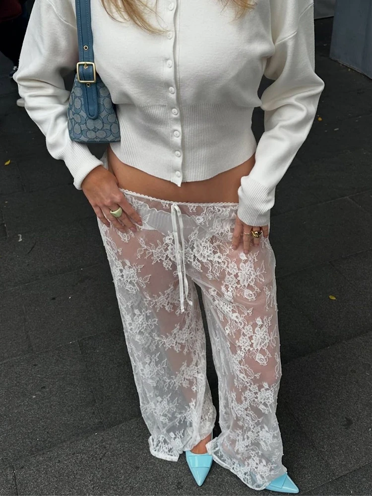 

Oniflyme Sexy Lace See Through Wide Leg Pants Women Fashion Floral High Waist Loose Trousers Streetwear Vacation Party Bottoms