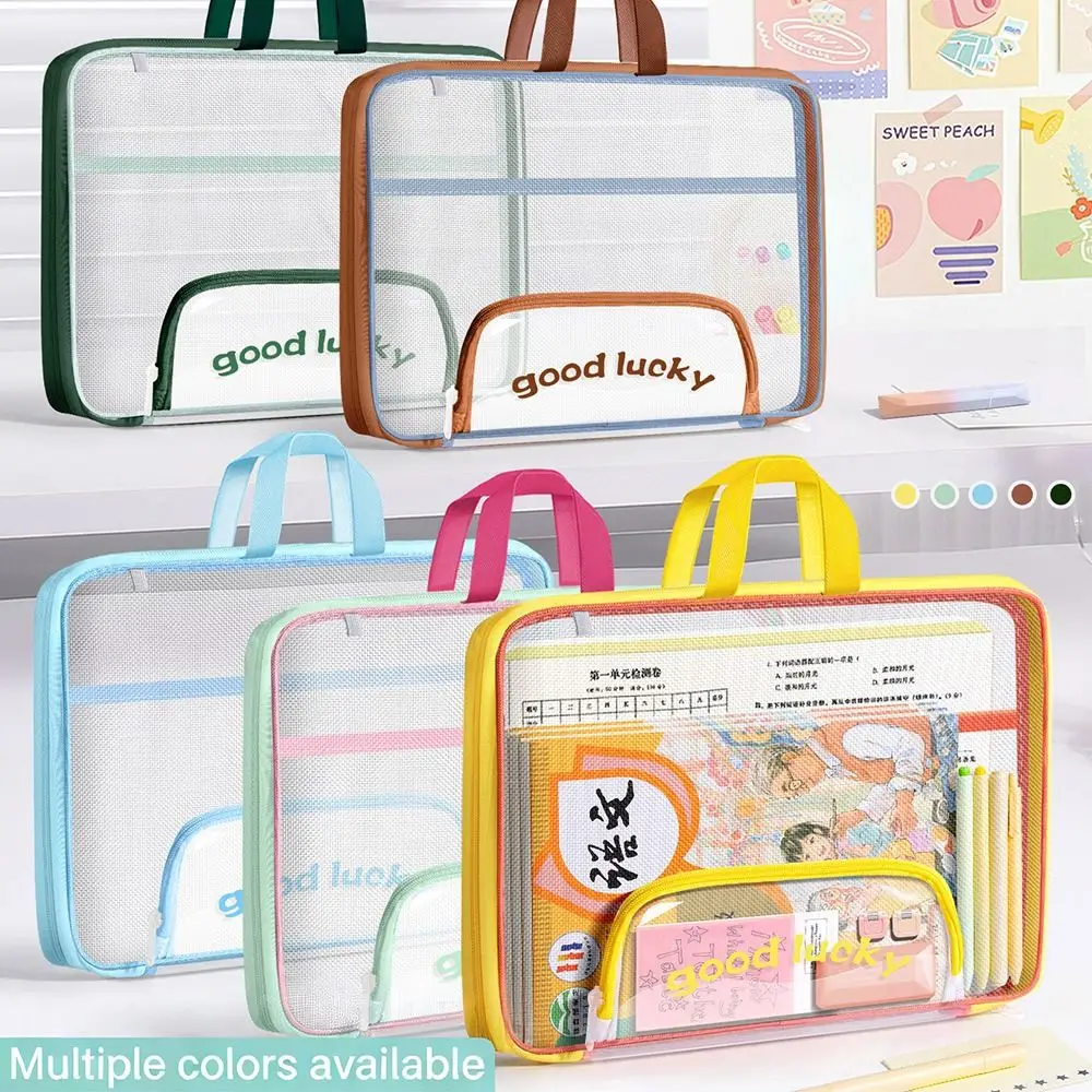 Nouvelle pochette de classement A4 en maille grande capacité avec poignée, sac de rangement pour papeterie, pochette transparente pour documents, fournitures scolaires