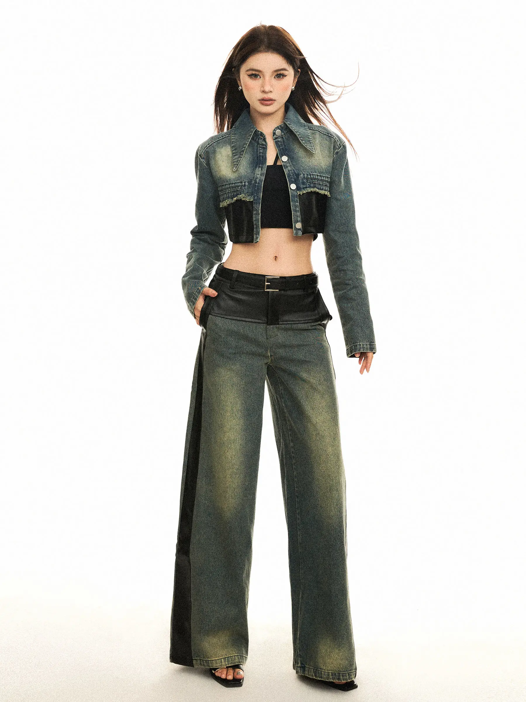 

Sets Leather Spliced Denim Turndown Collar Raw Edge Jacket+Wide Leg Jeans Women'S Sweet Cool Spicy Girls Two-Piece Lady Clothing