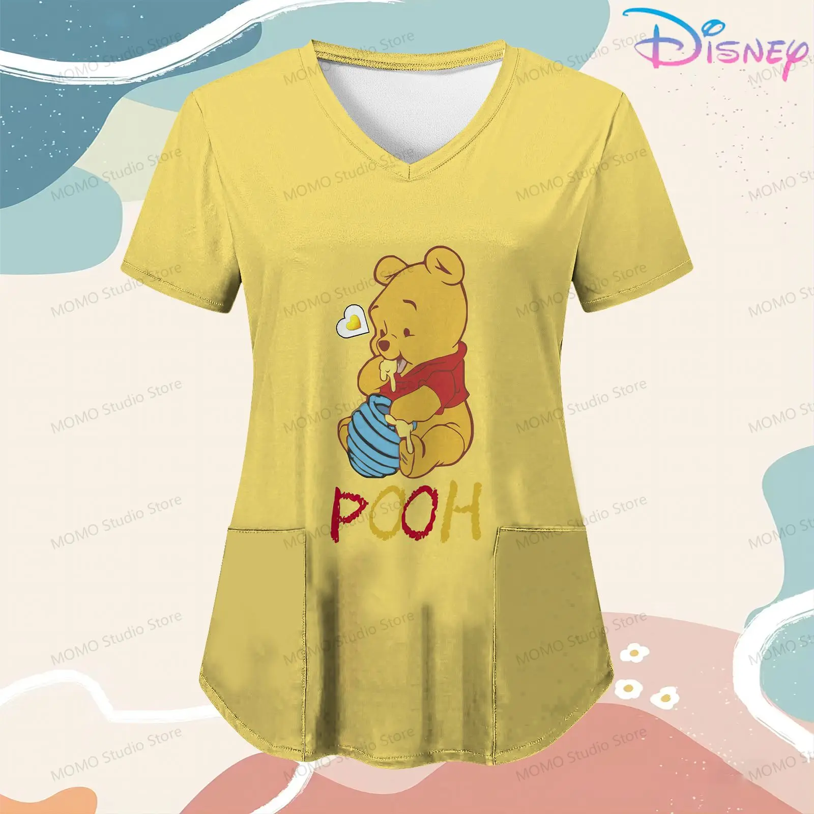 

Woman Clothes Disney Women's Shirts Women's Nurse Uniform T-Shirt Hospital Winnie Pooh S-2XL New Pocket 2024 Tops Tshirt V Neck