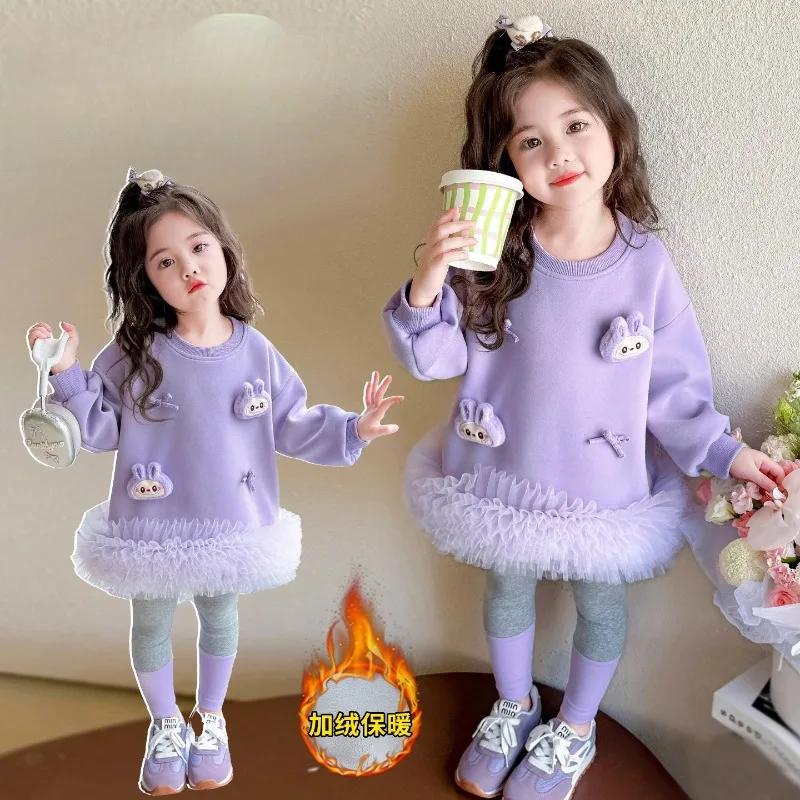 

Spring Autumn Girls Outfit 2025 New Lace Patchwork Sweatirt Bot Two Piece Set Children's Faion Sweet Girl's Outfit