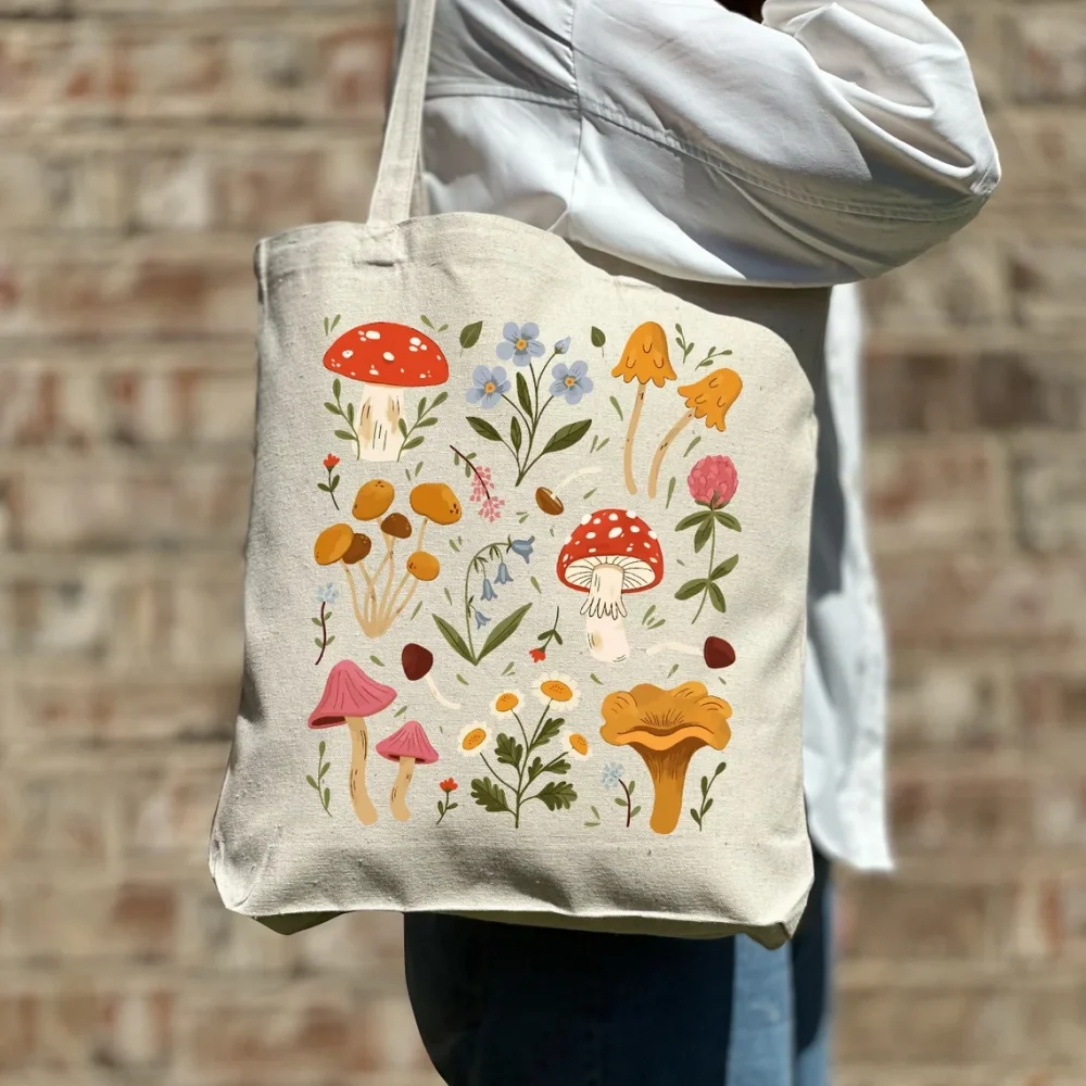 Custom Bridesmaid Mushroom Wild Flower Tote Bag,Mushroom Lover Gift,Cute Tote Bag,Canvas Bag,Aesthetic Bag,Casual Canvas Tote