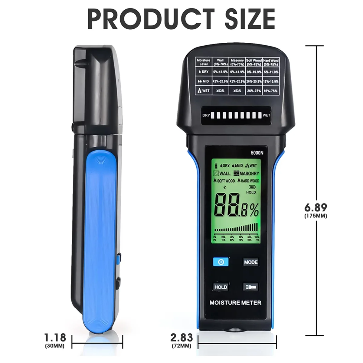 A04I Misuratore di umidità da parete Avviso automatico Misuratore di umidità ricaricabile Tester di umidità per cartongesso in legno 4 in 1, gamma 0-75% -5000N