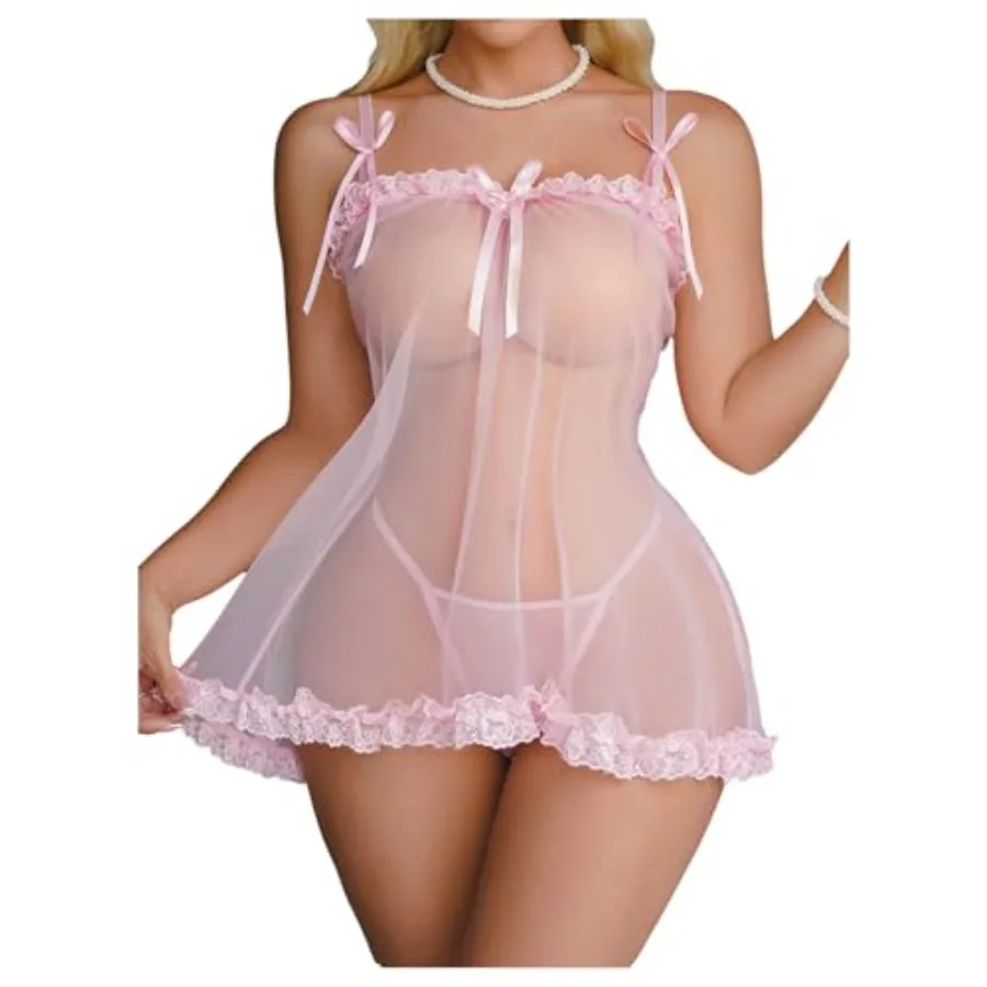 

OYOANGLE Women's Lace Sheer Bow Chemise Nightgown and Thongs See Through Lingerie Set