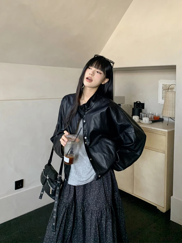 

Кожаная куртка Bla для женщин, весна 2026, свободный крой, длинный рукав, крутой ретро-дизайн, шикарный топ для повседневной носки, короткое пальто