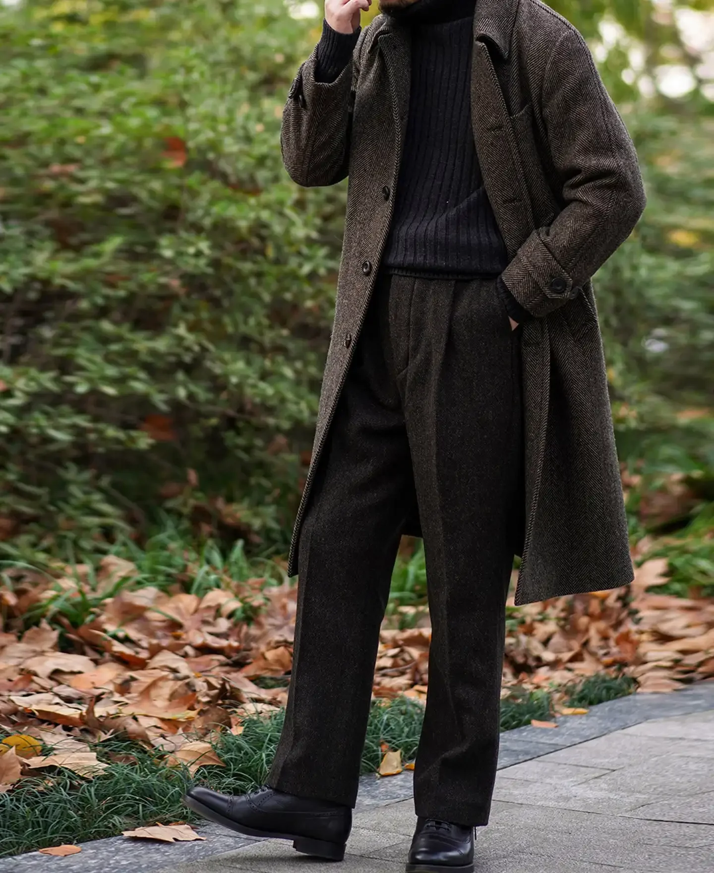 Men's Herringbone Tweed Balmacaan Coat Business Elegant Style Vintage Overcoat