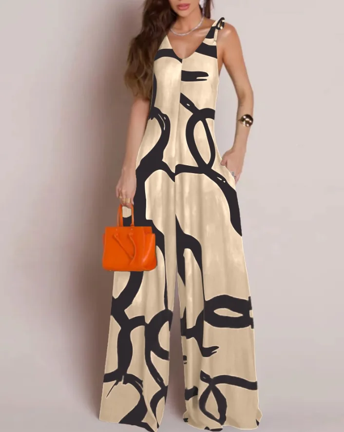 Combinaisons longues pour femmes, imprimé Floral, col en V, épaules dénudées, à lacets, décontractée, Design de poche, fermeture éclair, barboteuse de jambe Wude, été