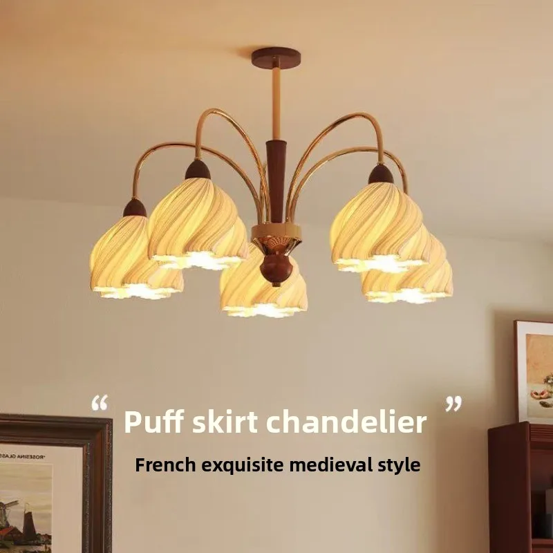 French skirt living room chandelier retro walnut cream chandelier medieval eye protection bedroom dining light