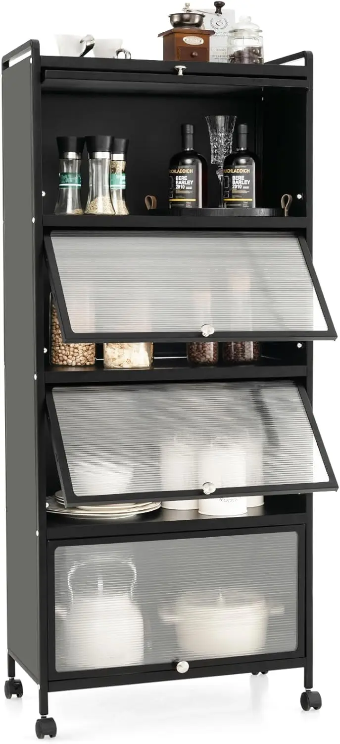 5-Tier Kitchen Storage Cabinet,Freestanding Baker’s Rack with 4 Rolling Casters, Mobile Microwave Stand