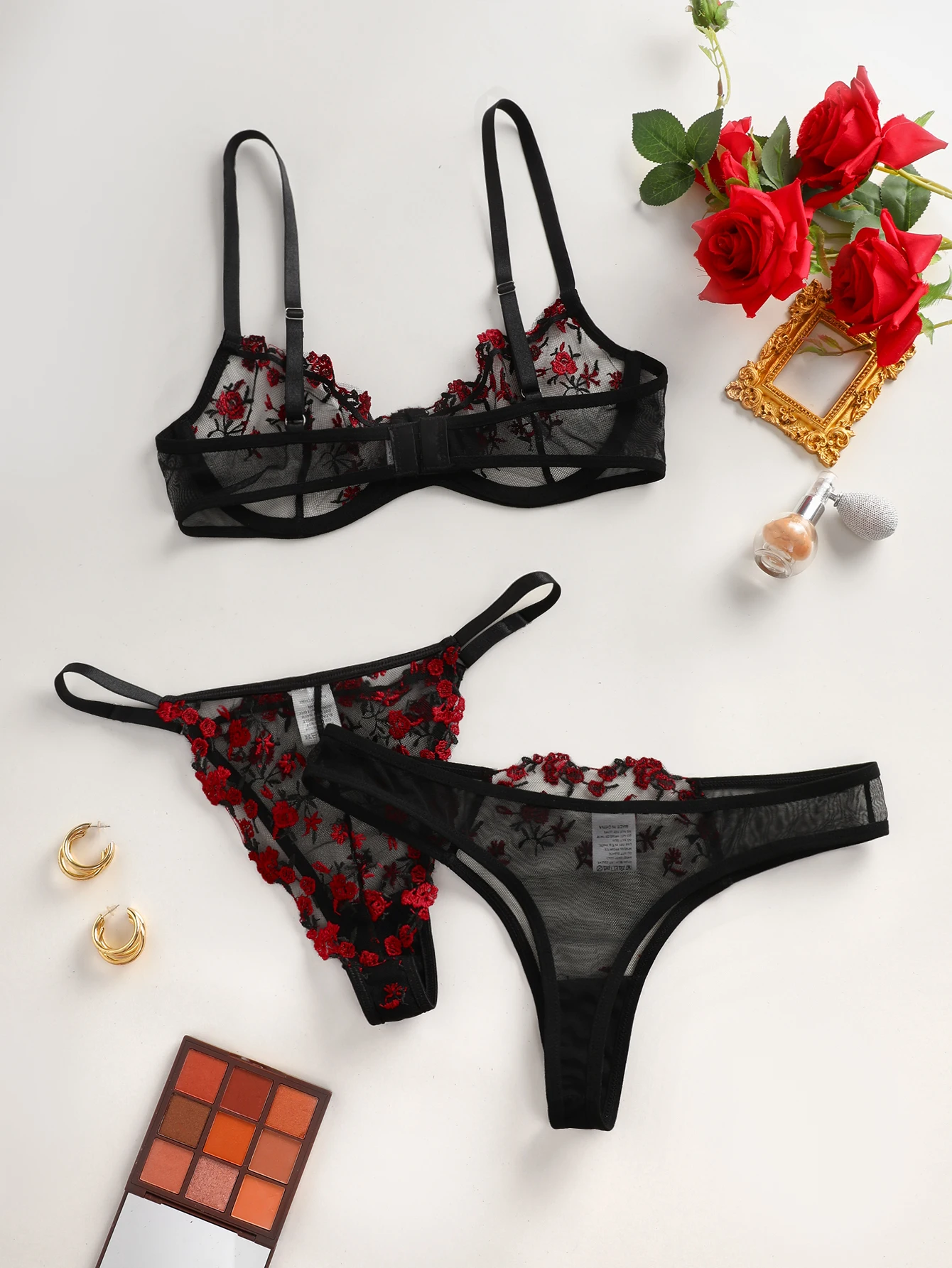 2024 Cross-border foreign trade INS Valentine's Day multi-color hot sexy gauze embroidery sexy underwear three-piece set 24016