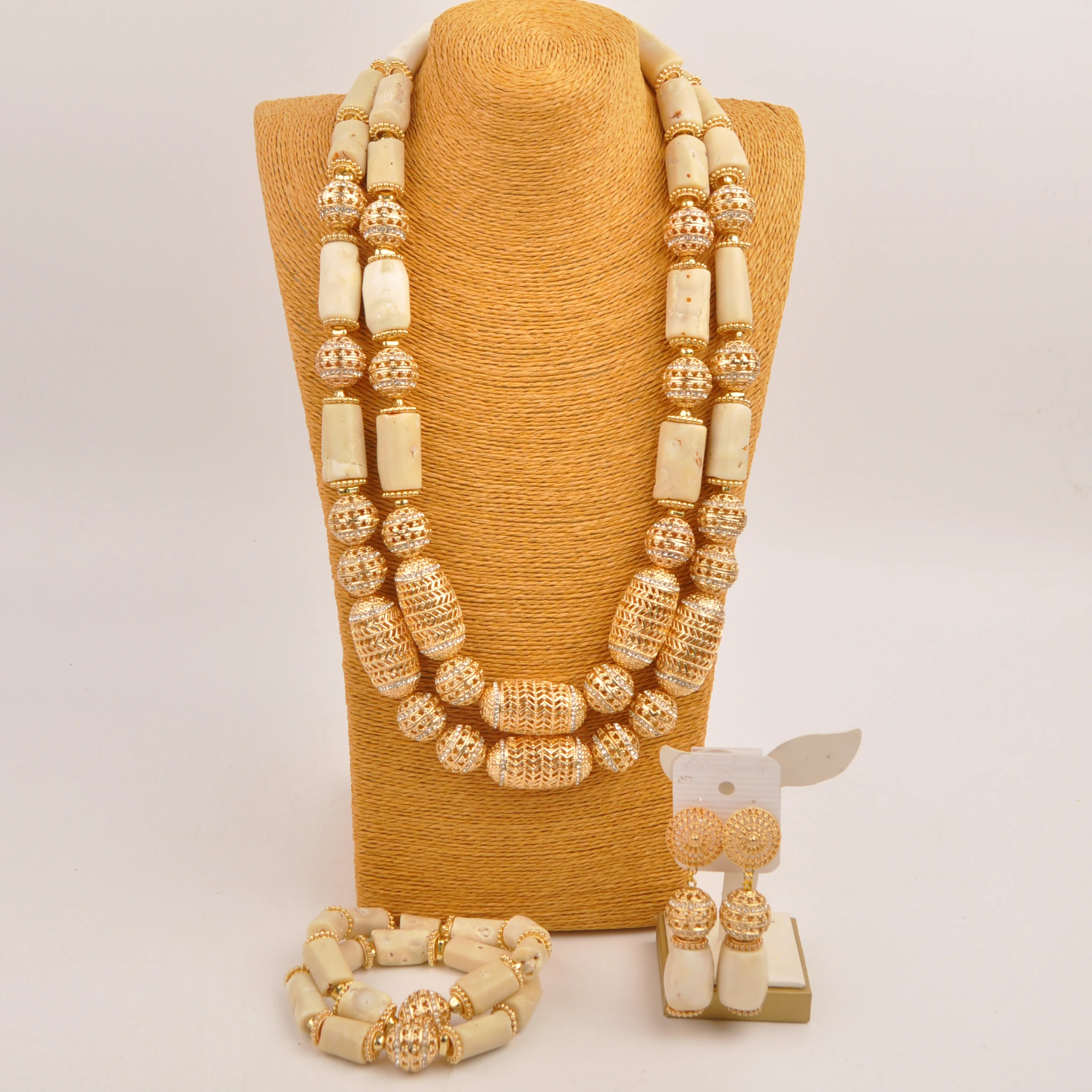 

Nigerian Bride Jewelry 2Layers 28inches Coral Bead Dubai Gold African Bridal Jewelry Sets