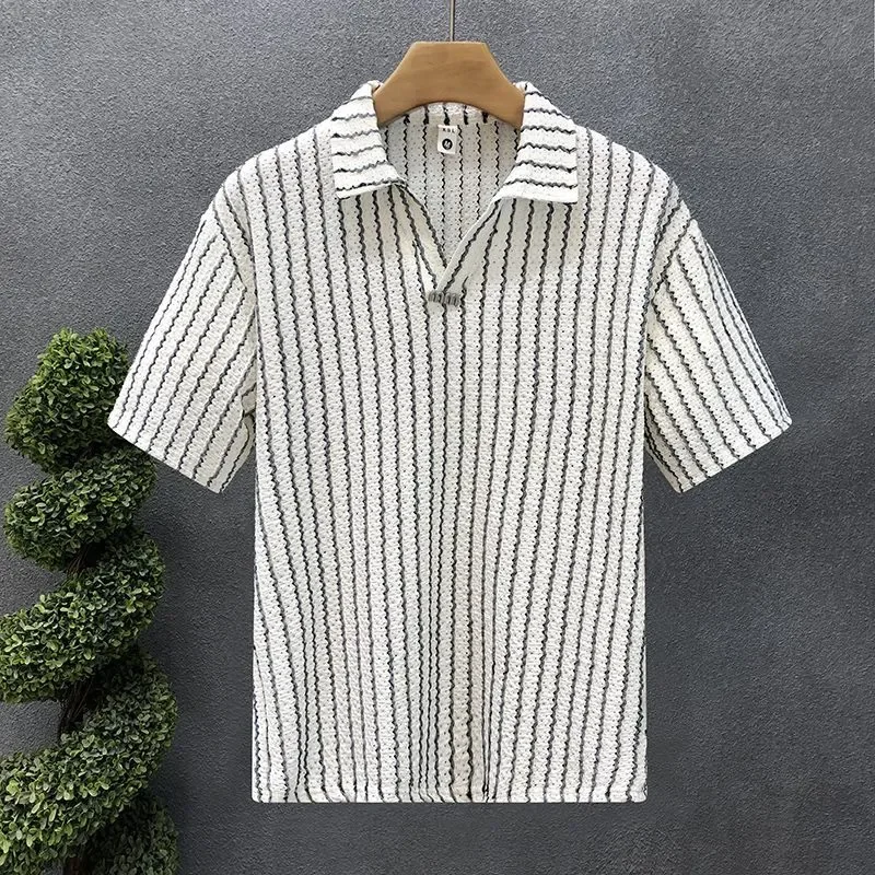 Men Striped Lapel Short Sleeve T Shirt Breathable Loose Casual Summer Tops S-3XL