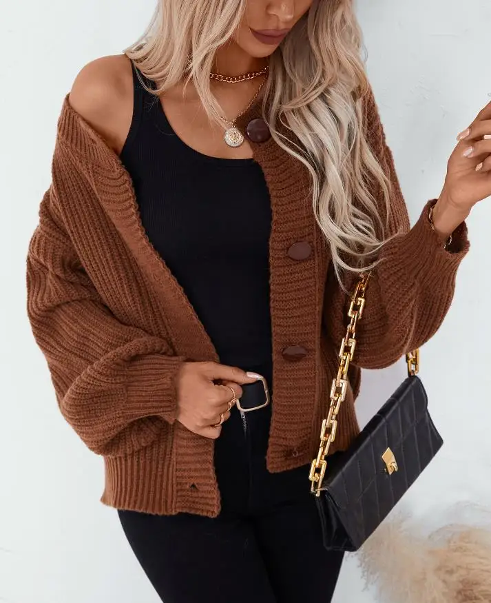 

Women's Sweater Coat Street Trendy 2024 Winter Solid Single Breasted Knitted Cardigan Loose Fit Lantern Long Sleeve Sweater Top