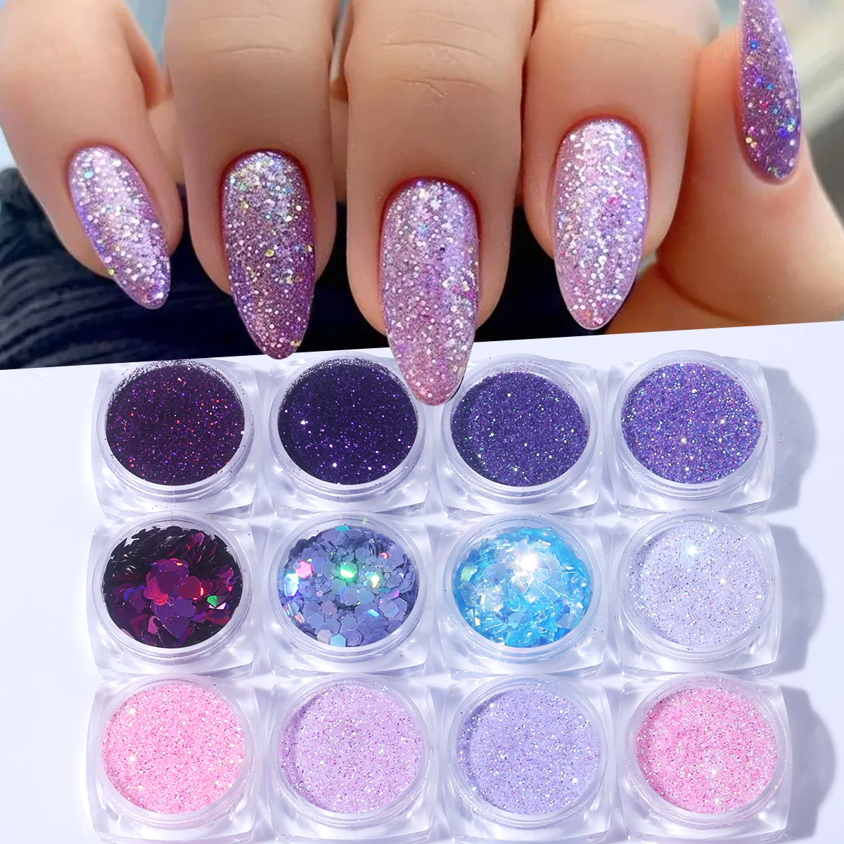 12 قطعة أنيقة الأرجواني الوردي مسمار بريق مسحوق مختلط السكر الحلوى الصباغ مسدس القلب غير النظامية تقشر DIY بها بنفسك مانيكير ديكور الترتر #1