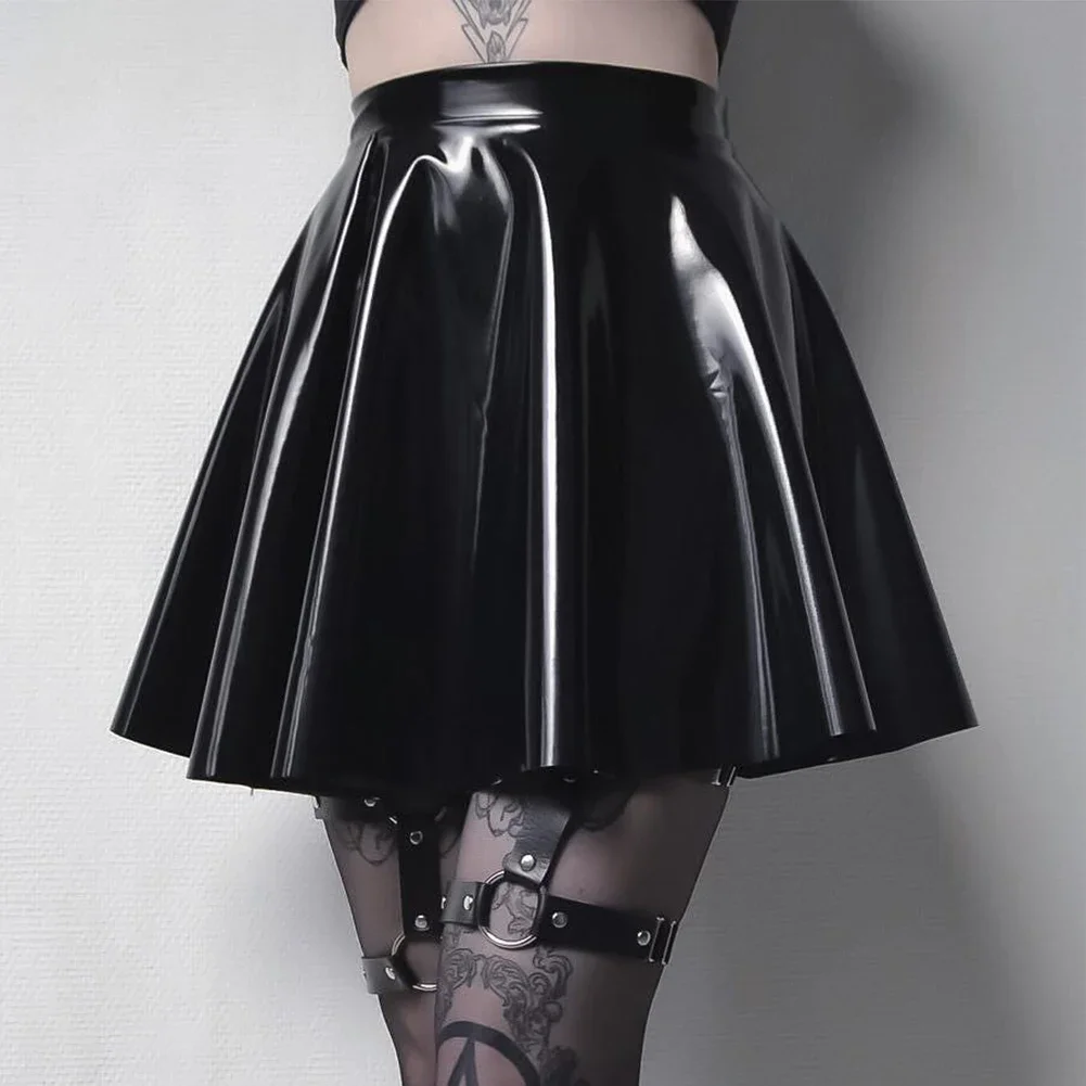 Women's PVC High Waist Slim Fit Leather Pleated Glossy Skirt Flare A Line Skate Skirt Club Wear Dance Solid Color Women's Mini S