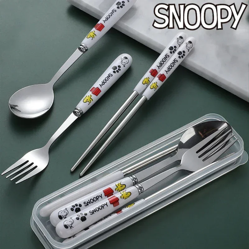 Kawaii Snoopy Baby Tableware Children\'s Toddler Kids Meal Stainless Steel Spoon Fork Chopsticks Student Portable Tableware Gifts