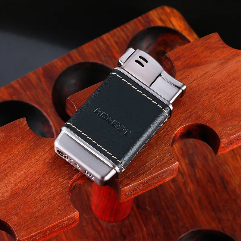 Inflatable Metal Lighter Pipe Oblique Fire Design Lighter Leather Brushed Metal Lighter Exquisite Gifts Men\'s Essentials