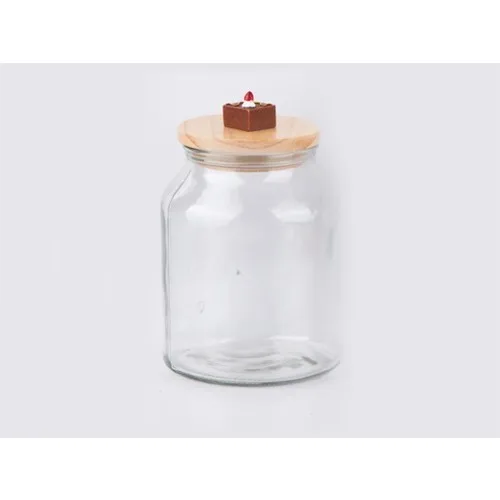 Zücev Jar 16x25 cm With Wooden Lid Single Simple Glass Jar