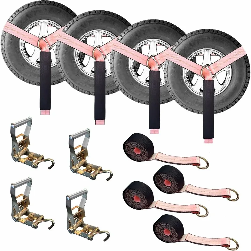 

12 pc Combo Lasso Wheel Lift Straps 2" Ratchets Tube J Hook Set, Tow Truck Tie Down with Sleeve Protectors - Pink Winch Straps
