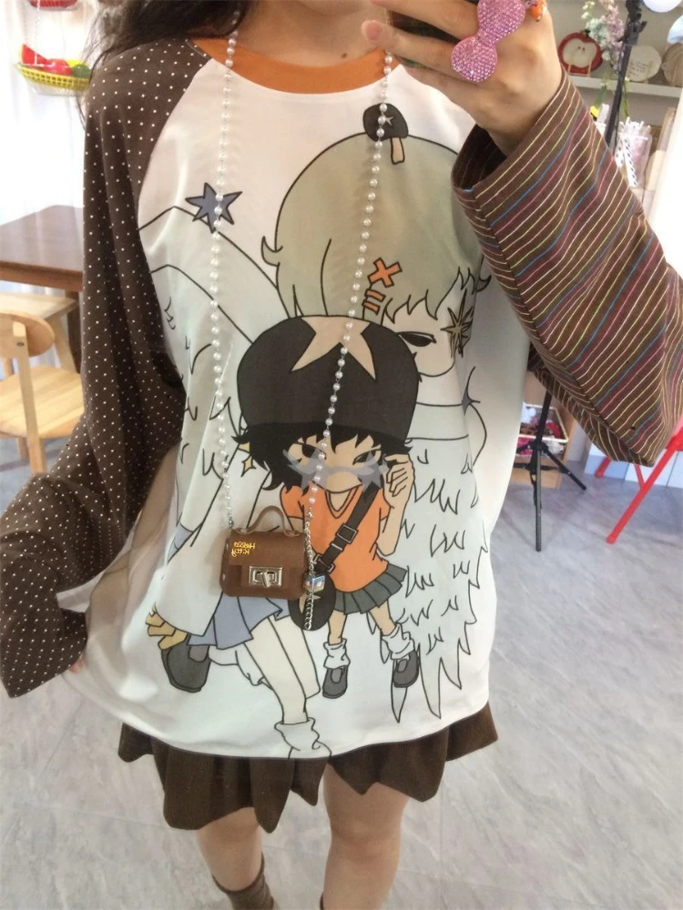 

HOUZHOU Y2k Vintage Anime Juminocore Women T-Shirts Harajuku Kawaii Stripe Long Sleeve Japanese 2000s Style Tees Oversize Casual