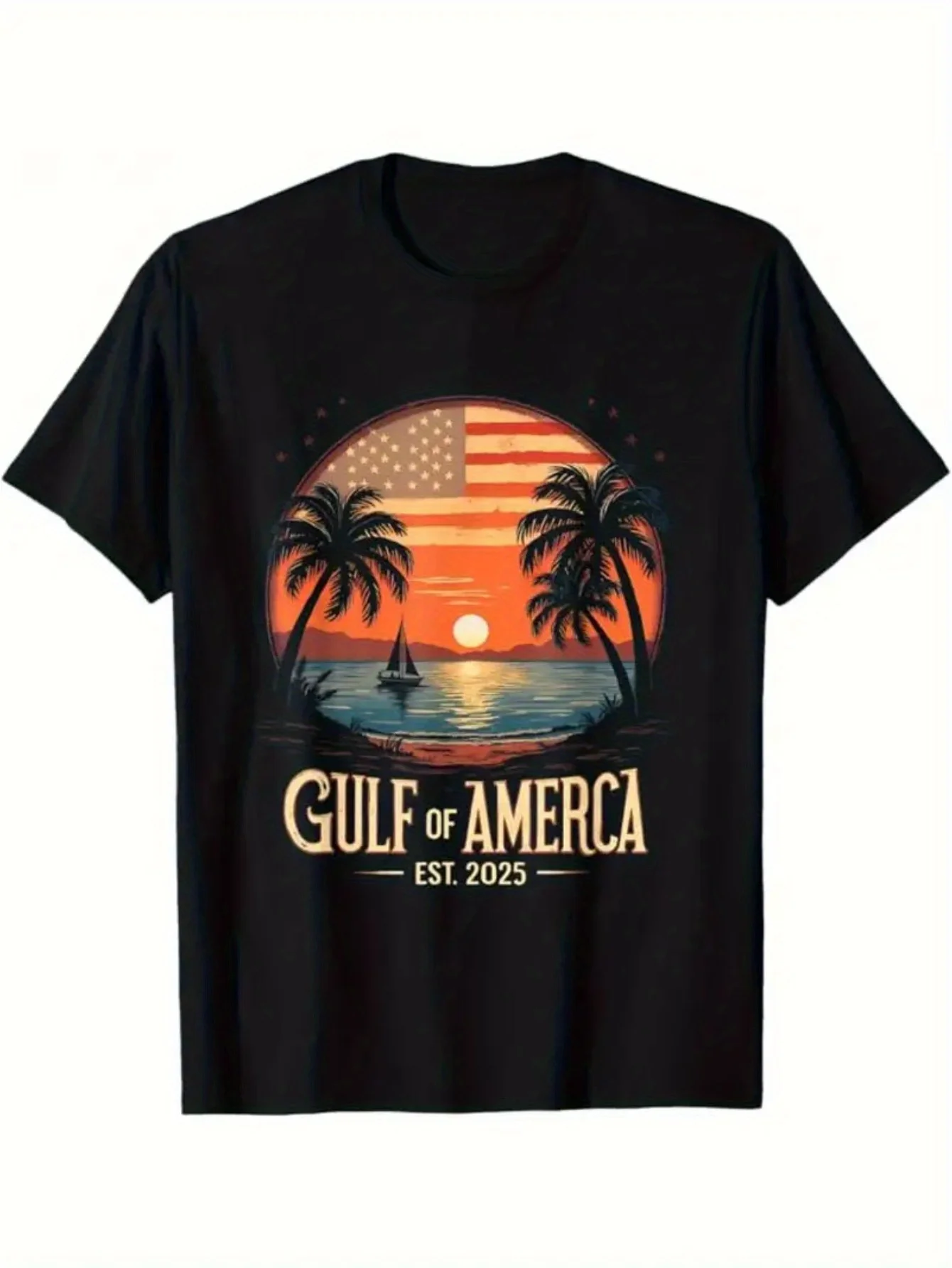 

Men's 100% Cotton Retro Gulf of America Est. 2025 Coastal T-Shirt - Black Casual Tee with Vintage Flag & Palm Tree Design