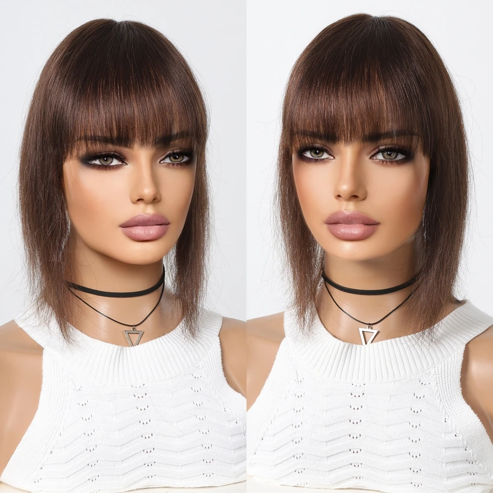 12 Inch Human Hair Toppers with Bangs Brown Hair Pieces for Women Silk Base 3 Clips In Topper for Thinning Hair Loss Cover