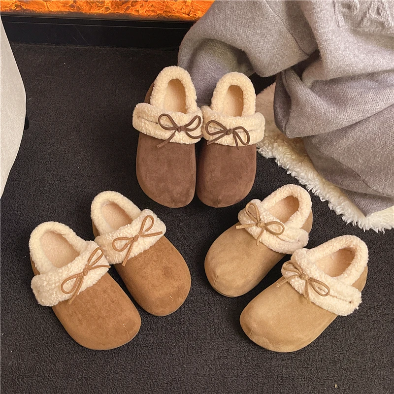 

Winter Platform Casual Plus Fleece Bow Women 2025 New Versatile Soft Sole Outside Wear Cotton Shoes Warm Flat Shoes