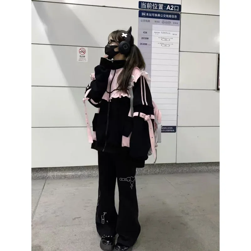 Japanese Kawaii Zip Up Hoodie Coats Y2k Hoodie Women Autumn Winter Color Block Fake Two Pieces Thick Oversized Baggy Hoodie Top